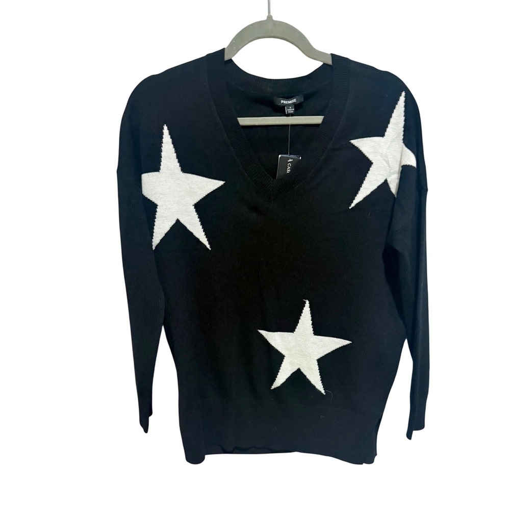 Premise Black Cashmere Blend Star‎ Print V-Neck Sweater Size Small NWT
